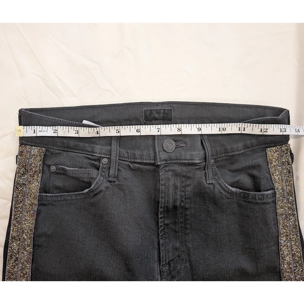$238 MOTHER Rascal Ankle Fray Blk Beaded Stripe Raw Hem Jeans 28 HiRise Straight